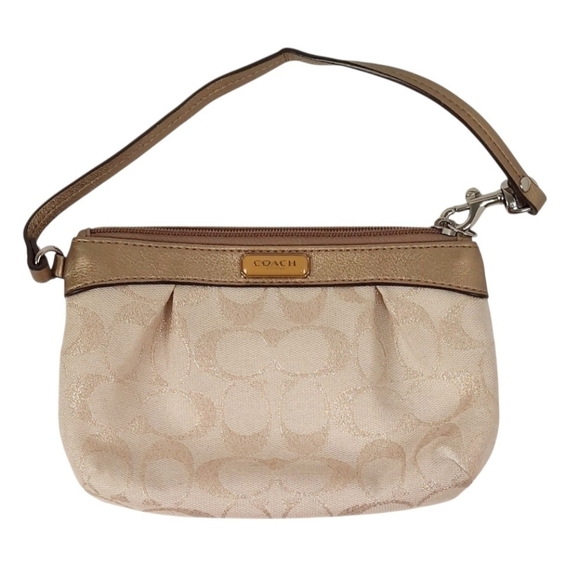 Coach Signature Jacquard Metallic Lurex Pleated Wristlet with Leather Trim.  - Picture 1 of 4